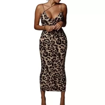 Женское облегающее платье-пуловер с V-образным вырезом и леопардовым принтом