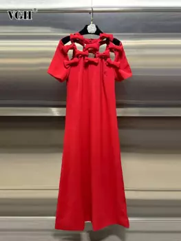 Женское облегающее платье с бантом VGH, ажурное лоскутное платье с круглым вырезом и коротким рукавом, модное платье с высокой талией