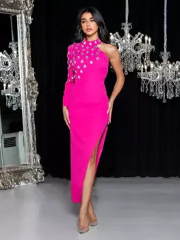 Женское облегающее платье с кристаллами, длинное черное вечернее платье с одним рукавом