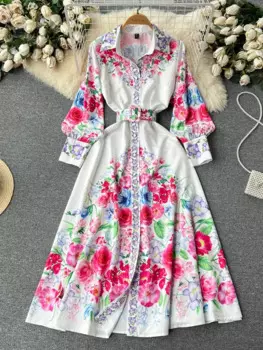 Женское однобортное платье-рубашка с длинным рукавом и цветочным принтом