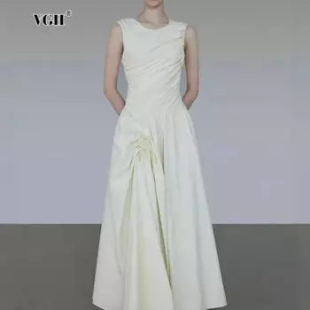 Женское однотонное платье без рукавов VGH, Элегантное Длинное приталенное платье с круглым вырезом и высокой талией