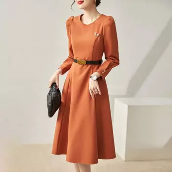 Женское однотонное платье-рубашка с высокой талией и круглым вырезом