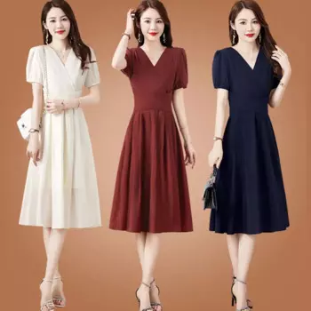 Женское однотонное платье с коротким рукавом и v-образным вырезом