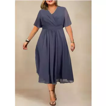 Женское однотонное платье с V-образным вырезом, коротким рукавом
