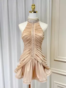 Женское однотонное плиссированное платье с блестками, без рукавов