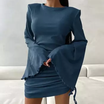 Женское однотонное трикотажное платье с круглым вырезом и Расклешенным рукавом