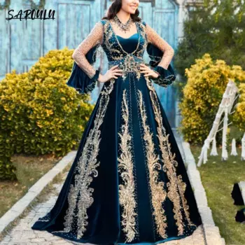 Женское официальное платье Caftan с золотистой аппликацией, вечерние платья султана Роял, бархатное высококачественное изысканное платье с длинным рукавом, хаки