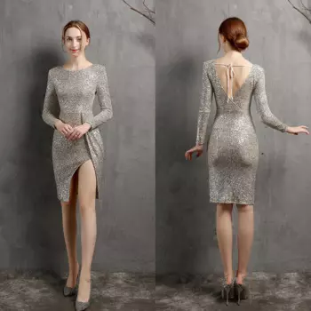 Женское официальное платье с круглым вырезом и длинными рукавами