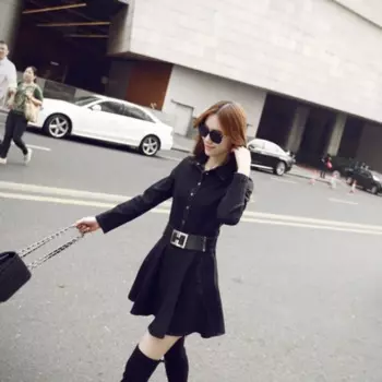 Женское офисное элегантное джинсовое платье с длинным рукавом, облегающие черные короткие платья а-силуэта с поясом, женское повседневное эластичное джинсовое платье-рубашка