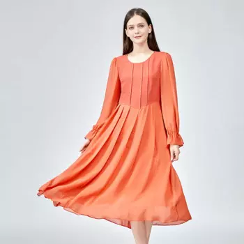 Женское офисное платье с длинным рукавом, шелковое платье в складку с Кленовым листом и двойным жоржеттным подолом, Осеннее элегантное платье с расклешенными рукавами, AE1253