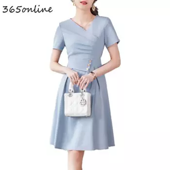 Женское офисное платье с V-образным вырезом и коротким рукавом