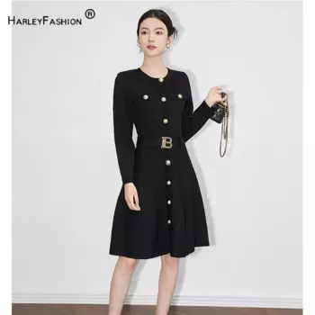 Женское офисное повседневное жаккардовое платье миди с круглым вырезом и длинным рукавом