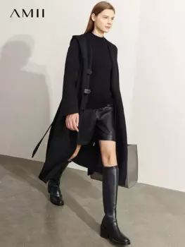 Женское пальто из 100% шерсти AMII в стиле минимализма, новинка зимы 2022, однотонная теплая винтажная свободная шерстяная куртка с капюшоном и поясом, 12220159