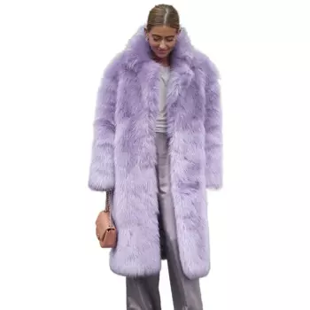 Женское пальто из искусственного меха лаванды, зимняя плюшевая куртка с лацканами, длинные пушистые пальто, новинка 2024, пушистая верхняя одежда, куртки из искусственного лисьего меха