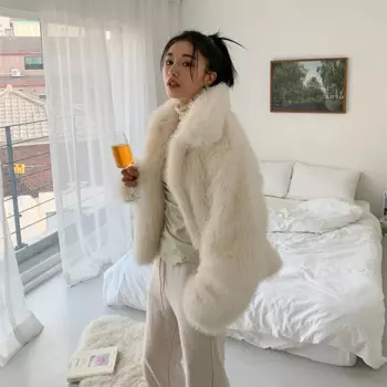 Женское пальто из искусственного меха, новая зимняя короткая свободная пушистая куртка с отложным воротником, пальто из искусственного меха, плюшевое меховое пальто