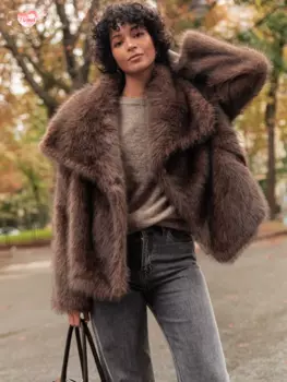 Женское пальто из искусственного меха с воротником и длинными рукавами на пуговицах, зимняя толстая теплая однотонная куртка Fury, женская уличная верхняя одежда 2024