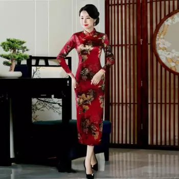 Женское платье-Ципао с длинным рукавом, на осень/зиму