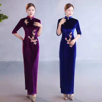 Женское платье-Ципао с вышивкой и коротким рукавом