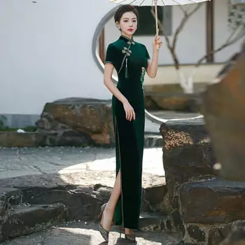 Женское платье-Ципао с вышивкой и коротким рукавом