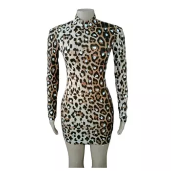 Женское платье для дня рождения, выпускного вечера, вечеринки с леопардовым принтом и стразами, платье для бара, певицы, сценический костюм, наряды с кристаллами