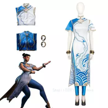 Женское платье для косплея из игры SF Chun Li, голубая юбка, одежда ChunLi, сексуальные Джемперы, костюм для Хэллоуина