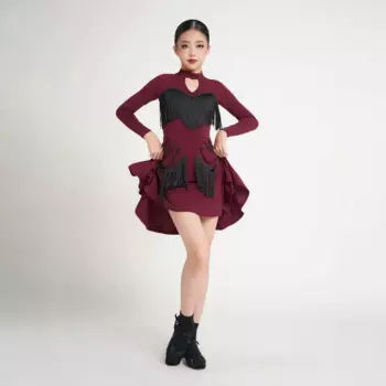 Женское платье для латиноамериканских танцев, красное платье с длинными рукавами и бахромой, модель DWY9534