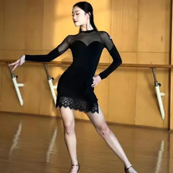 Женское платье для латиноамериканских танцев, откровенное Сетчатое платье с длинным рукавом, тренировочная одежда для взрослых, женские костюмы для латиноамериканского Танго, DQS15006