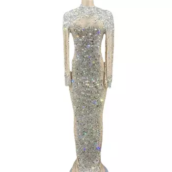 Женское платье для празднования дня рождения, вечернее платье для выпускного вечера, женское платье для выступления певицы, роскошное Сетчатое длинное платье с искусственными кристаллами