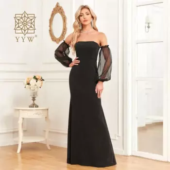 Женское платье для вечеринки, выпускного, Черное длинное блестящее женское платье на одно плечо, Сетчатое Коктейльное Макси-платье с пышными рукавами, женское платье