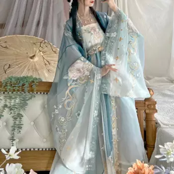 Женское платье Hanfu с градиентной синей цветочной вышивкой традиционное китайское винтажное платье ханьфу наборы Женский карнавальный костюм для косплея