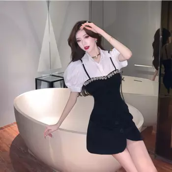 Женское платье из двух частей, черно-белое контрастное платье с коротким рукавом и высокой талией