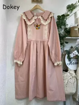 Женское платье из хлопка и льна с цветочной вышивкой Mori Girl, Осеннее Кружево, воротник Peter Pan, платье Kawaii, Повседневное платье Sundre с длинным рукавом