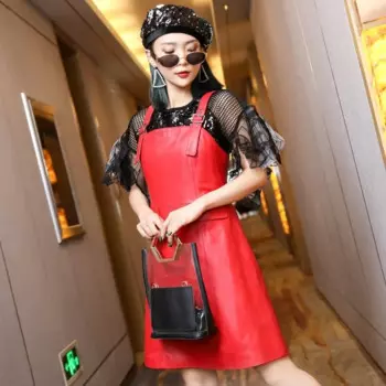 Женское платье из натуральной овечьей кожи, облегающее ТРАПЕЦИЕВИДНОЕ ПЛАТЬЕ с вырезом лодочкой без рукавов, красное платье в уличном стиле