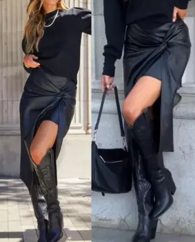 Женское платье-карандаш из ПУ кожи, с разрезом