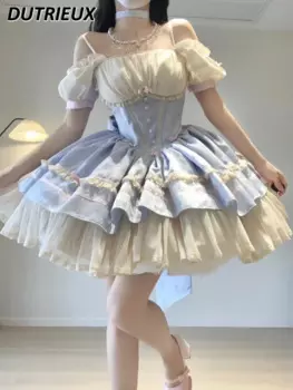 Женское платье Лолита с открытыми плечами, элегантное милое Повседневное платье с коротким рукавом, Новинка лета 2024