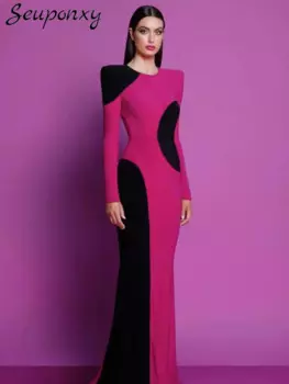 Женское платье-макси с круглым вырезом, длинным рукавом