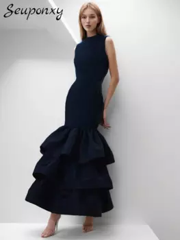 Женское платье-макси с круглым вырезом, без рукавов