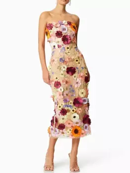 Женское платье миди без бретелек, с цветочной вышивкой