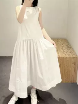 Женское платье миди без рукавов, черное, белое, коричневое или темно-синее платье, свободное повседневное женское плиссированное платье-майка миди, лето 2024, 2024 г.