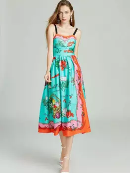 Женское платье-миди на бретелях, с принтом