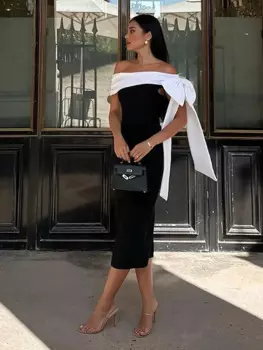 Женское платье-миди на одно плечо, с бантом