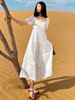 Женское платье-миди с цветочной вышивкой, из хлопка и льна