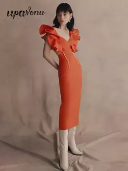 Женское платье-миди с V-образным вырезом, без рукавов