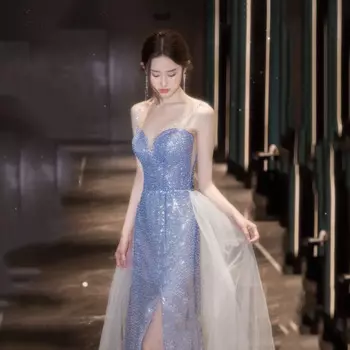 Женское платье на тонких бретельках, синее платье для выпускного вечера, соблазнительное длинное вечернее платье-Русалка с высоким разрезом, 2022