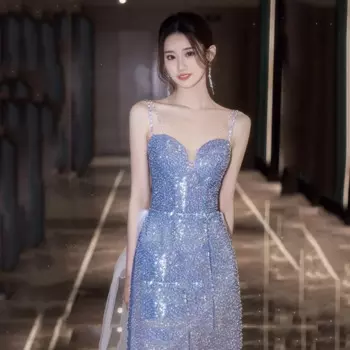 Женское платье на тонких бретельках, синее платье для выпускного вечера, соблазнительное длинное вечернее платье-Русалка с высоким разрезом, 2022