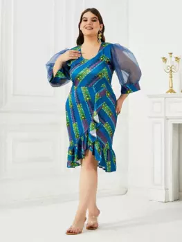 Женское платье оверсайз с рукавами-фонариками и V-образным вырезом