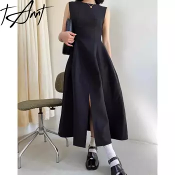 Женское платье-рубашка без рукавов, с круглым вырезом