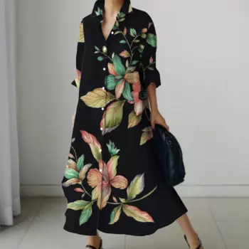 Женское платье-рубашка с длинным рукавом, с цветочным принтом