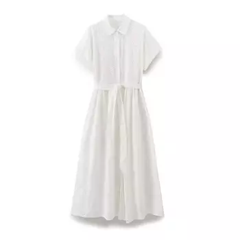 Женское платье-рубашка с поясом и вышивкой