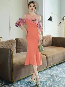 Женское платье-Русалка с вышивкой, с высокой талией